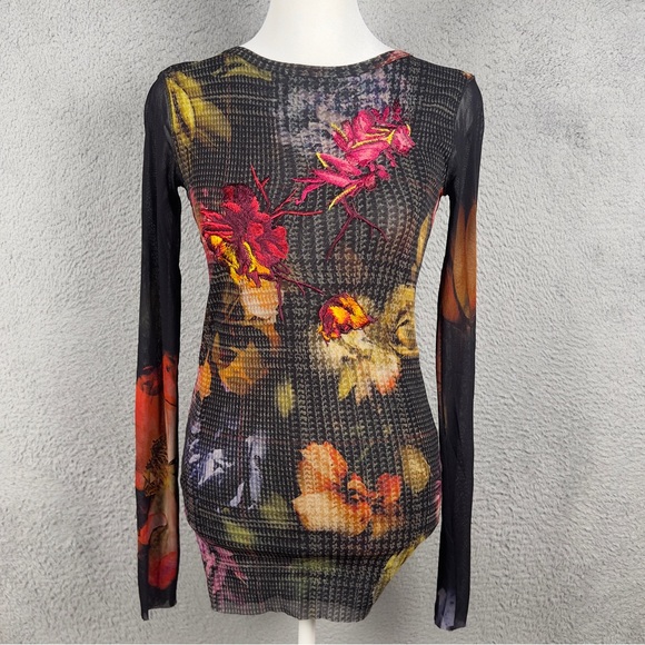 Fuzzi Tops - Fuzzi Top Womens Small Multicolor Sheer Long Sleeve Embroidered Floral Italy Y2K